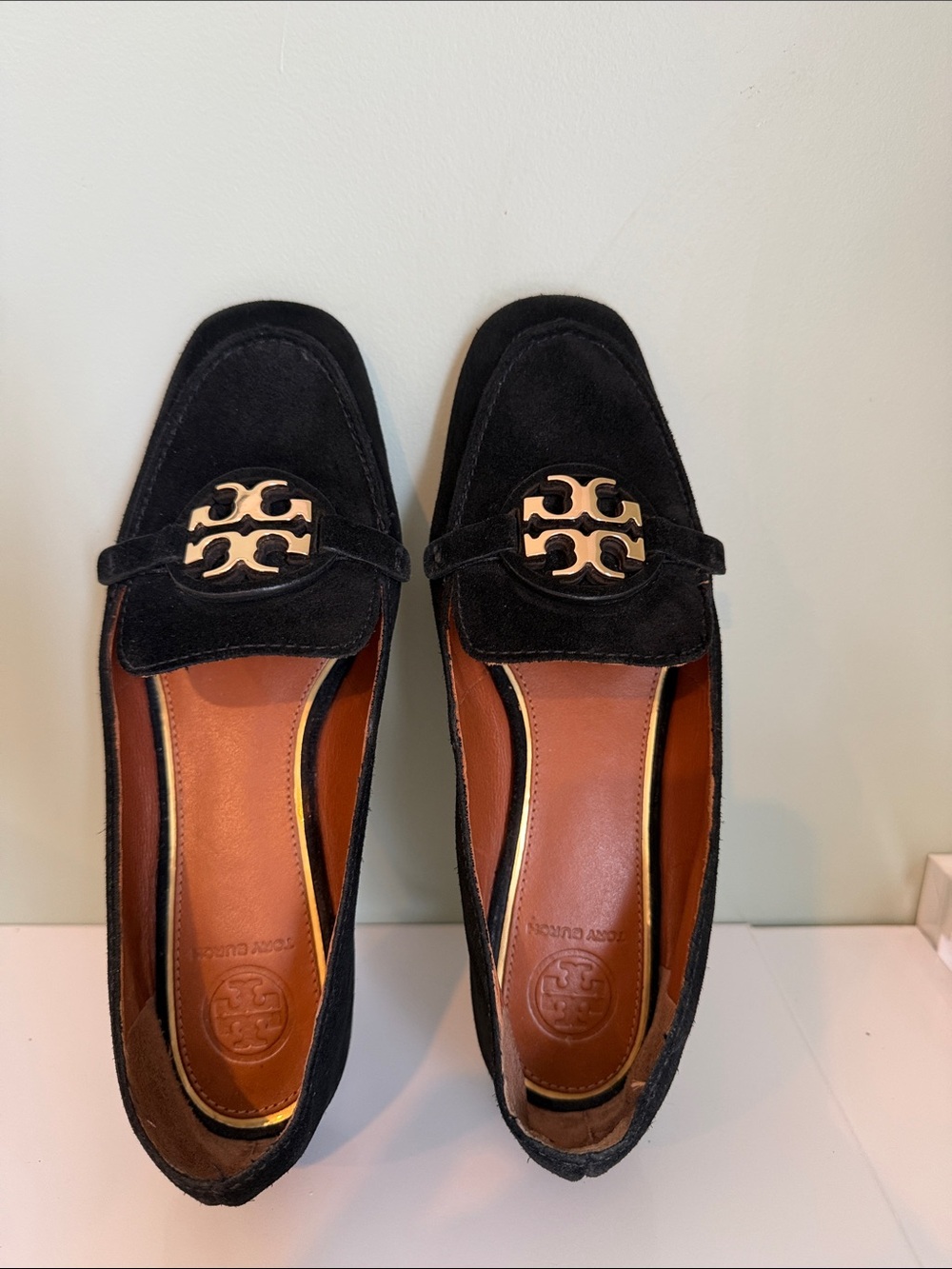 Tory Burch Black Suede Logo Penny Loafers with Gold Emblem